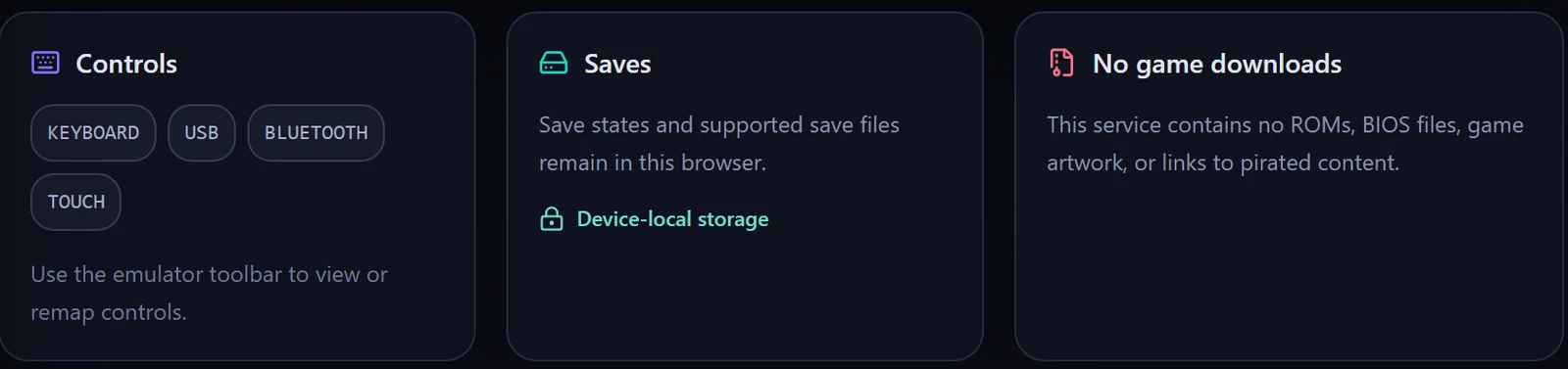 Three cards under the screen: Controls (keyboard, USB, Bluetooth, touch), Saves (save states and supported save files kept in this browser) and No game downloads