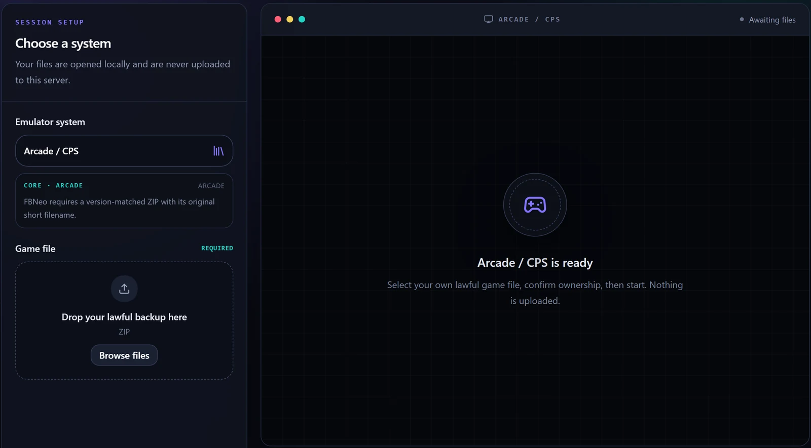 The Emulator Hub session setup: a system chooser showing Arcade / CPS with its core note, a drop area for the game file, and the screen on the right saying Arcade / CPS is ready
